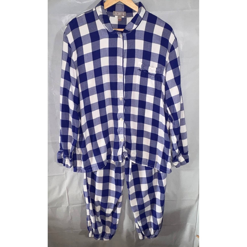 J.Crew Womens Blue White Buffalo Check Pajama Set Gingham Sleepwear Size M Cozy